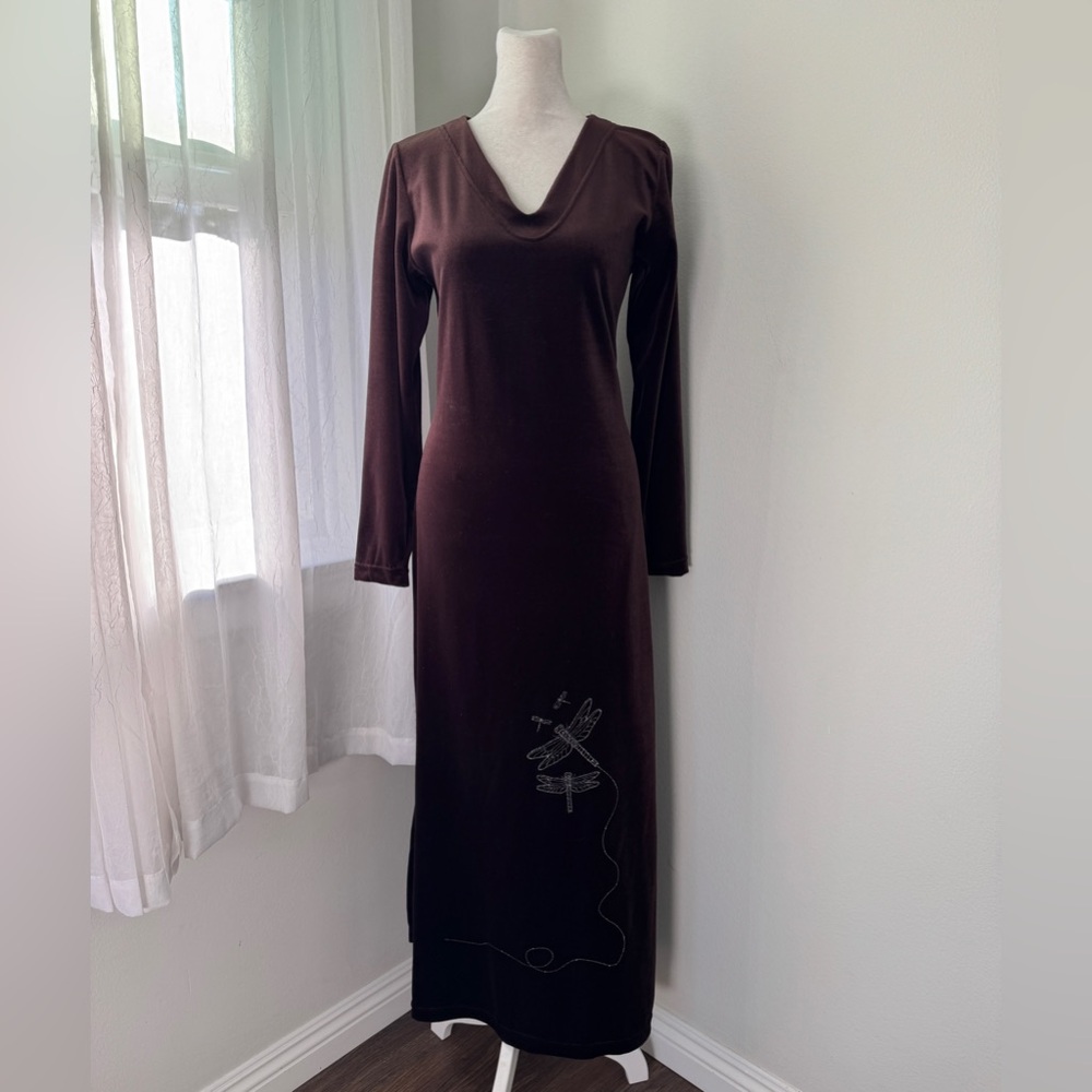 Vintage Y2K Bodywear of California Dark Brown Dragonfly Embroidered Maxi Dress